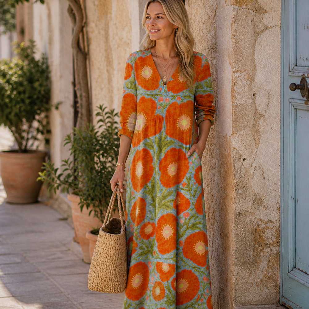 Wanda Vestido Mujer Vintage – Vestido Midi Estampado Geométrico, Ligero y Elegante