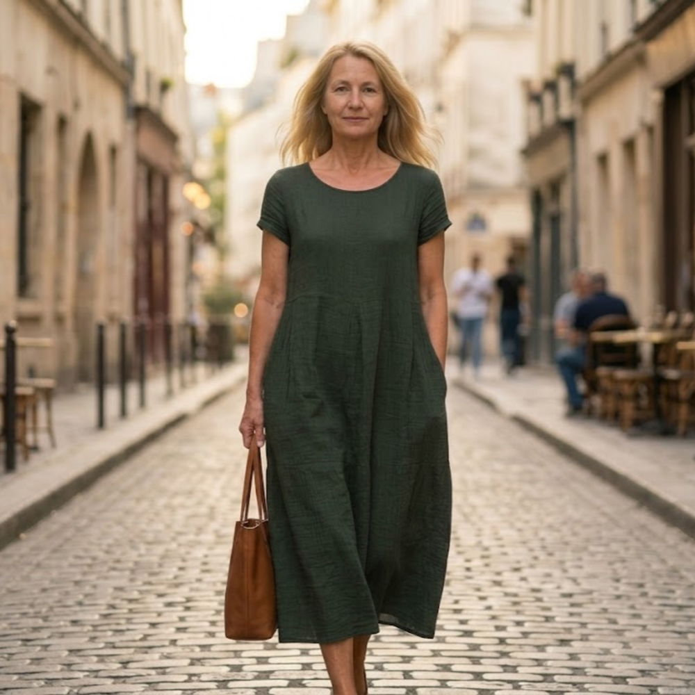 Nora Robe Longue Femme – Robe d'Été Bohème avec Col Rond, Manches Courtes et Poches
