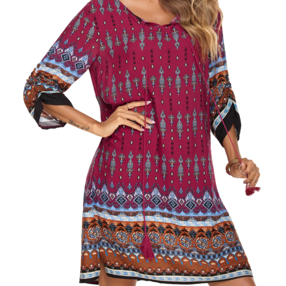 Victoria Vestido Túnica para Mujer – Vestido Boho Floral con Mangas 3/4 y Borlas