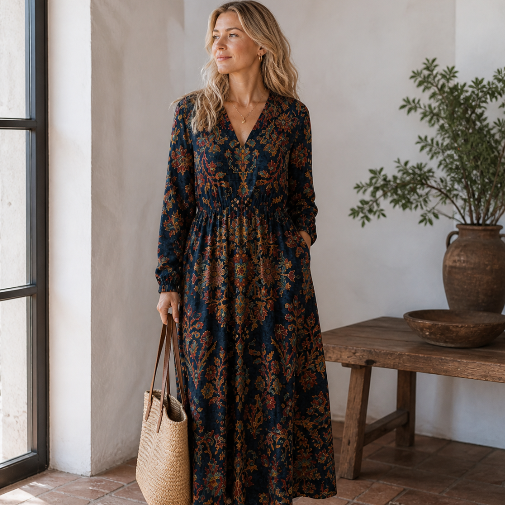 Maris Robe Femme Lin Vintage – Robe Midi Imprimé Géométrique, Légère Élégante