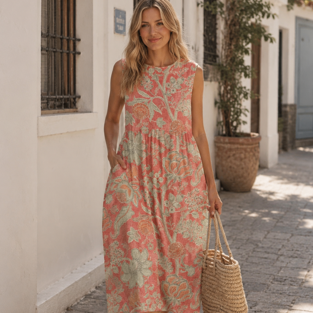 Giulia Abito Donna Midi Cotone Lino – Vestito Floreale Scollo V Tasche Estivo