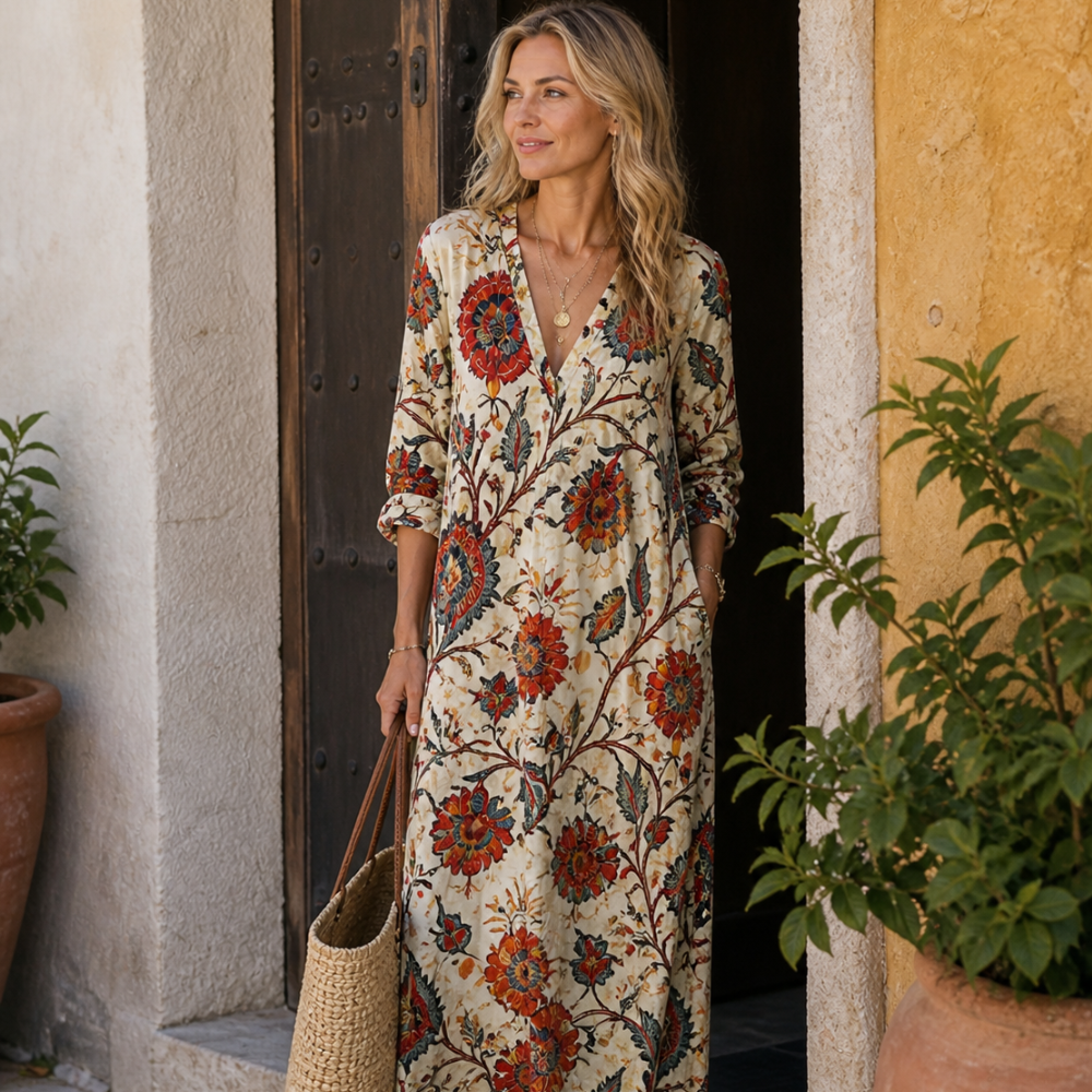 Mariah Robe Femme Lin Vintage – Robe Midi Imprimé Géométrique, Légère Élégante