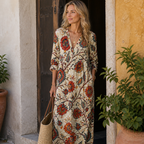 Mariah Robe Femme Lin Vintage – Robe Midi Imprimé Géométrique, Légère Élégante