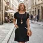 Serenity Abito in Lino Donna – Vestito Midi A-Line con Girocollo e Tasche
