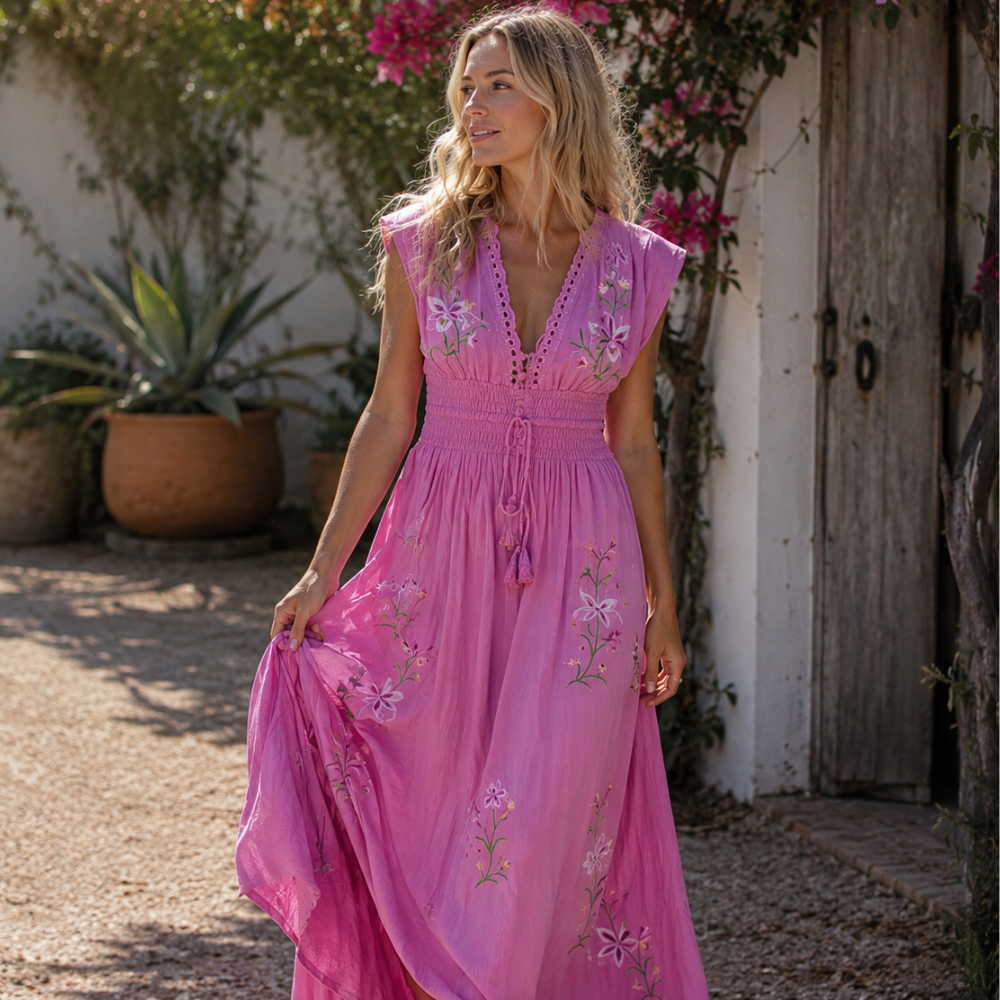 Elena Abito Donna Boho Ricamato – Vestito Estivo Vita Segnata, Elegante Casual Chic
