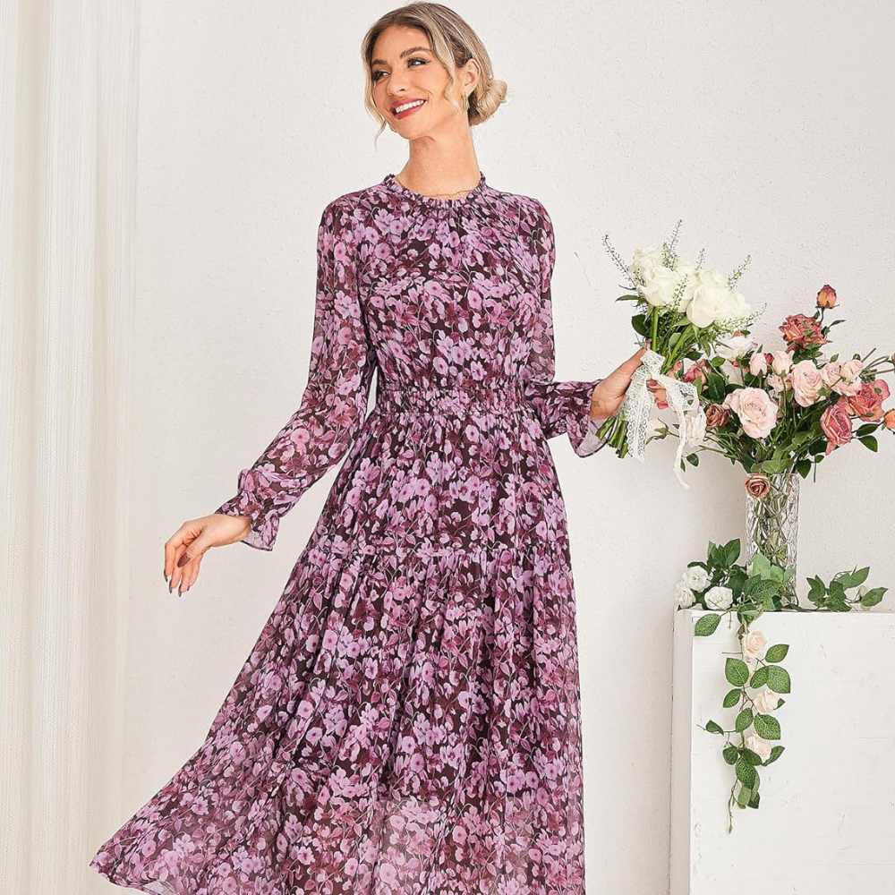 Chiara Women's Maxi Chiffon Dress – Elegant Floral Long Sleeve Dress