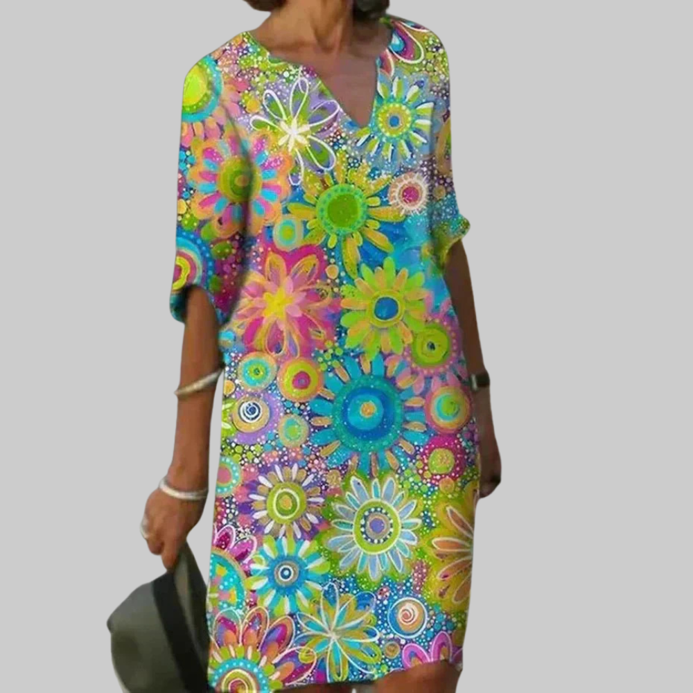 Flora Abito Donna Midi Floreale – Vestito Leggero Fluido Estivo Elegante Casual