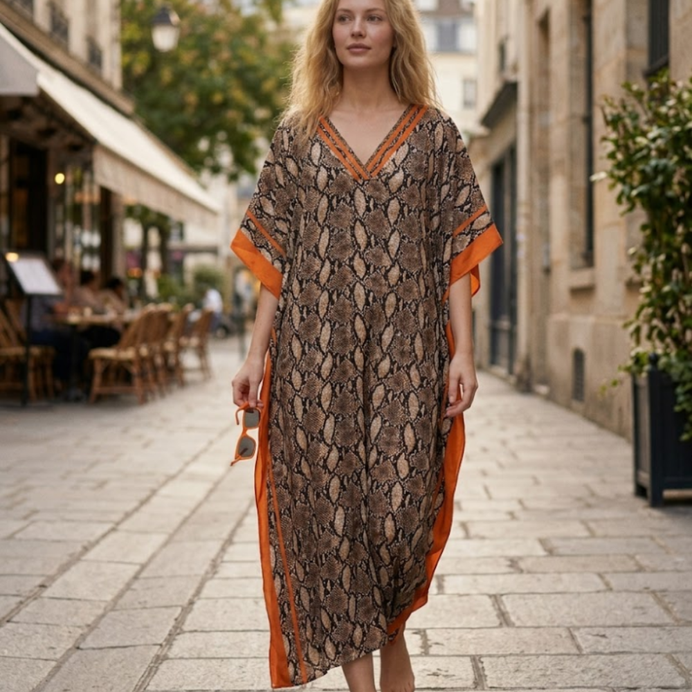 Amina Caftan Femme – Robe Longue Bohème, Imprimé Ethnique, Décolleté V Plongeant