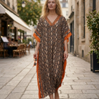 Amina Caftan Femme – Robe Longue Bohème, Imprimé Ethnique, Décolleté V Plongeant