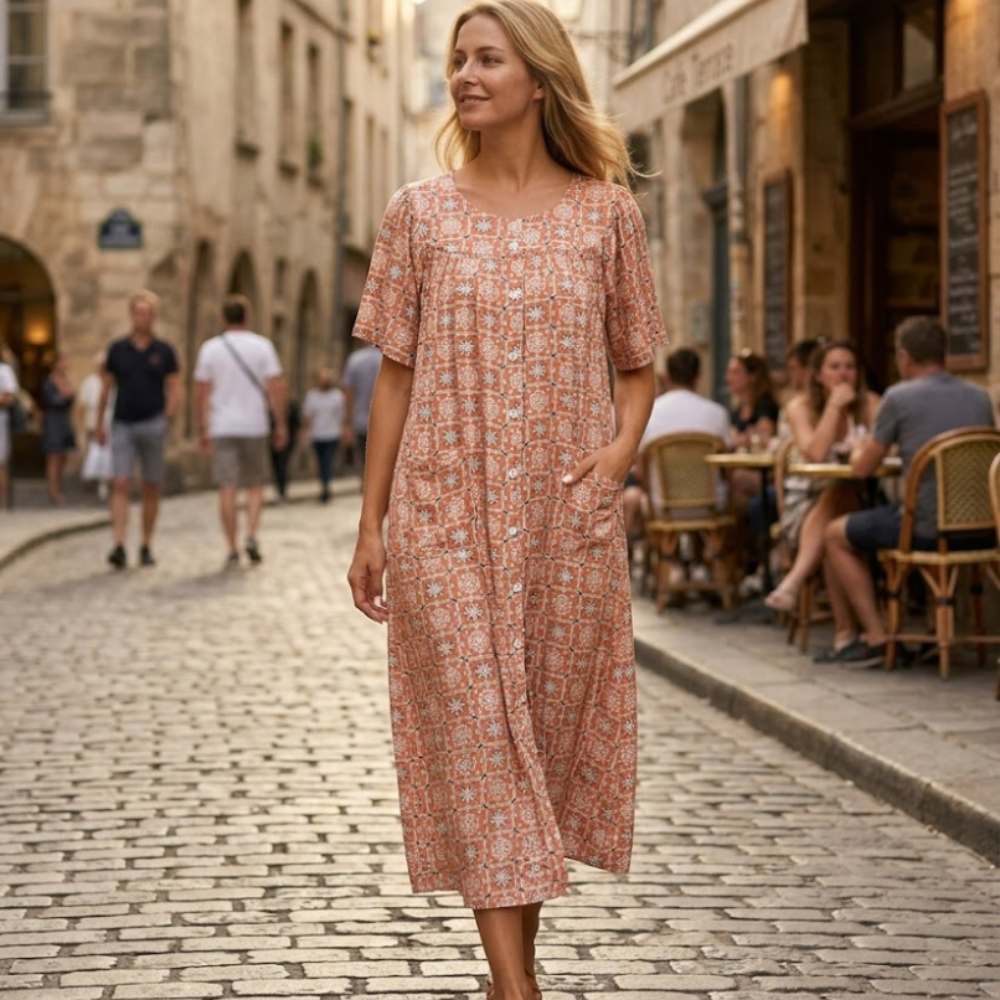 Marta Vestido para Casa Mujer – Vestido Cómodo de Algodón, Botones y Bolsillos para Relajarse