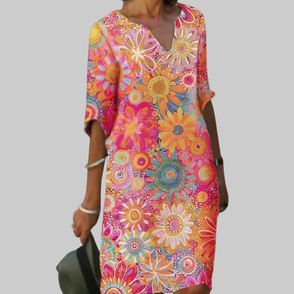 Flora Abito Donna Midi Floreale – Vestito Leggero Fluido Estivo Elegante Casual