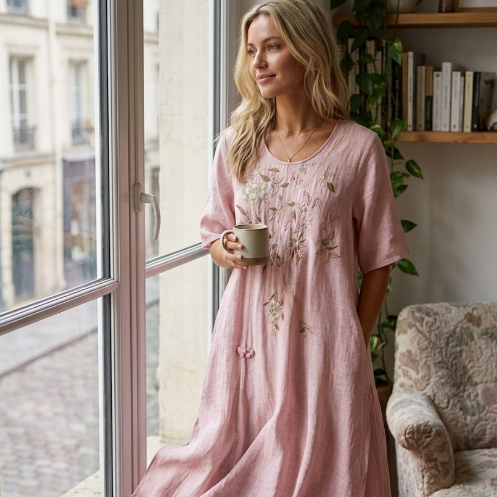 Amelia Women's Long Boho Dress – Cotton and Linen Dress with Floral Embroidery