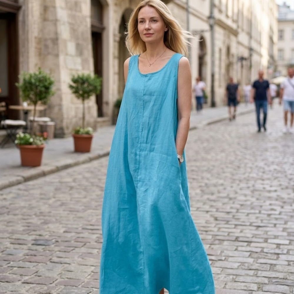 Elisa Vestito Lungo in Cotone da Donna – Abito Estivo Casual Senza Maniche con Tasche