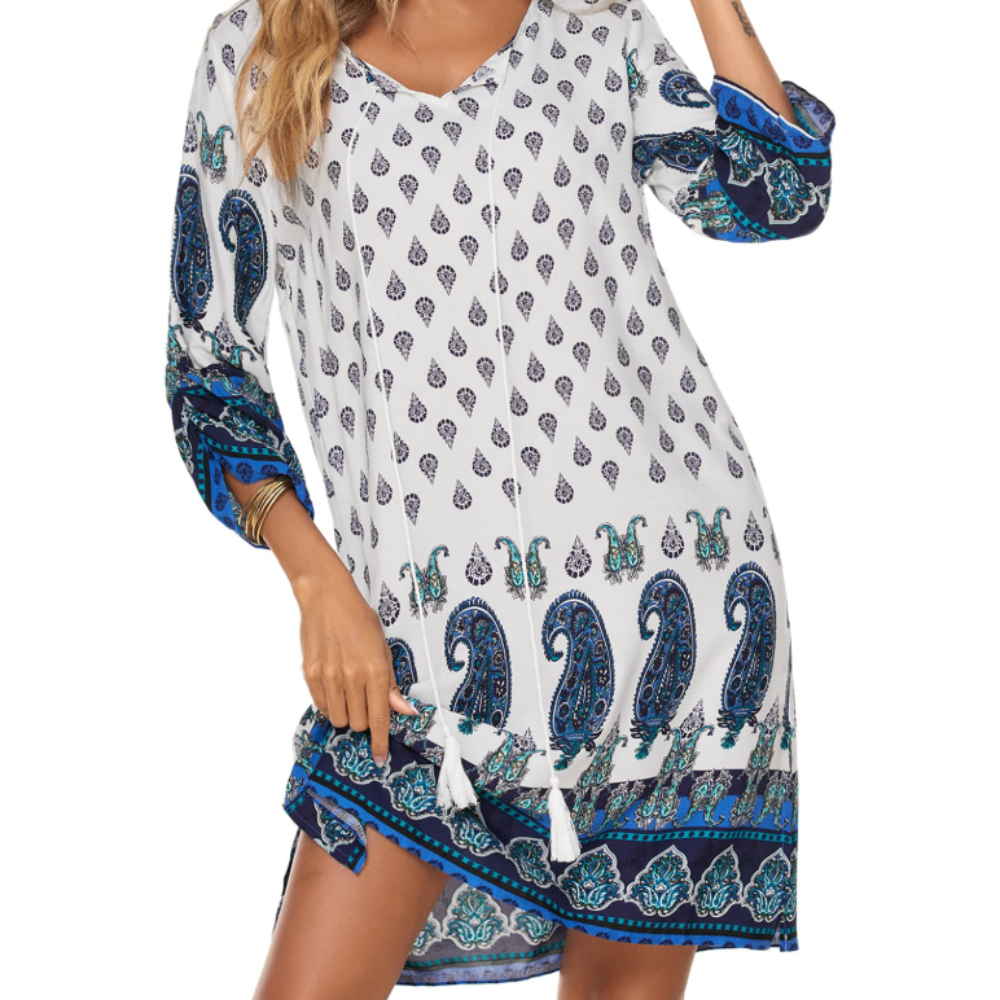Victoria Abito Tunica Donna – Vestito Boho Floreale con Maniche 3/4 e Nappine
