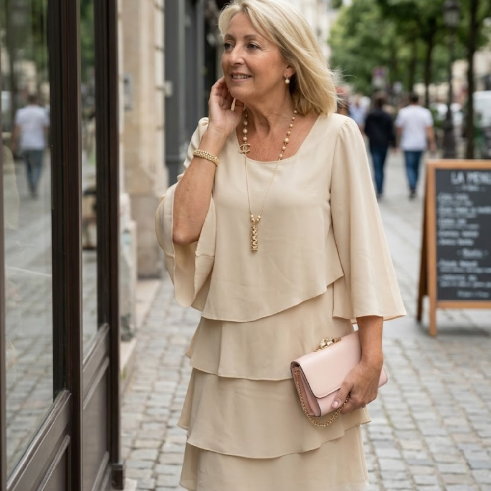Giulia Abito Donna – Vestito Midi a Balze, Girocollo, Loose Fit Elegante