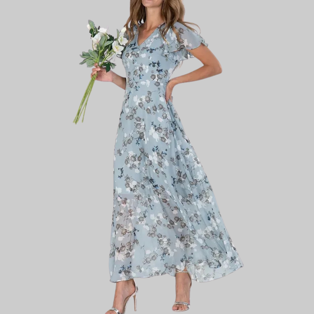 Bella Vestido Mujer Maxi Floral – Vestido con Escote en V y Manga Corta, Fluido de Verano