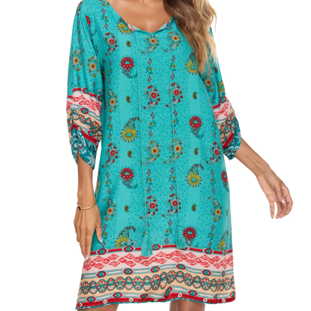 Victoria Vestido Túnica para Mujer – Vestido Boho Floral con Mangas 3/4 y Borlas