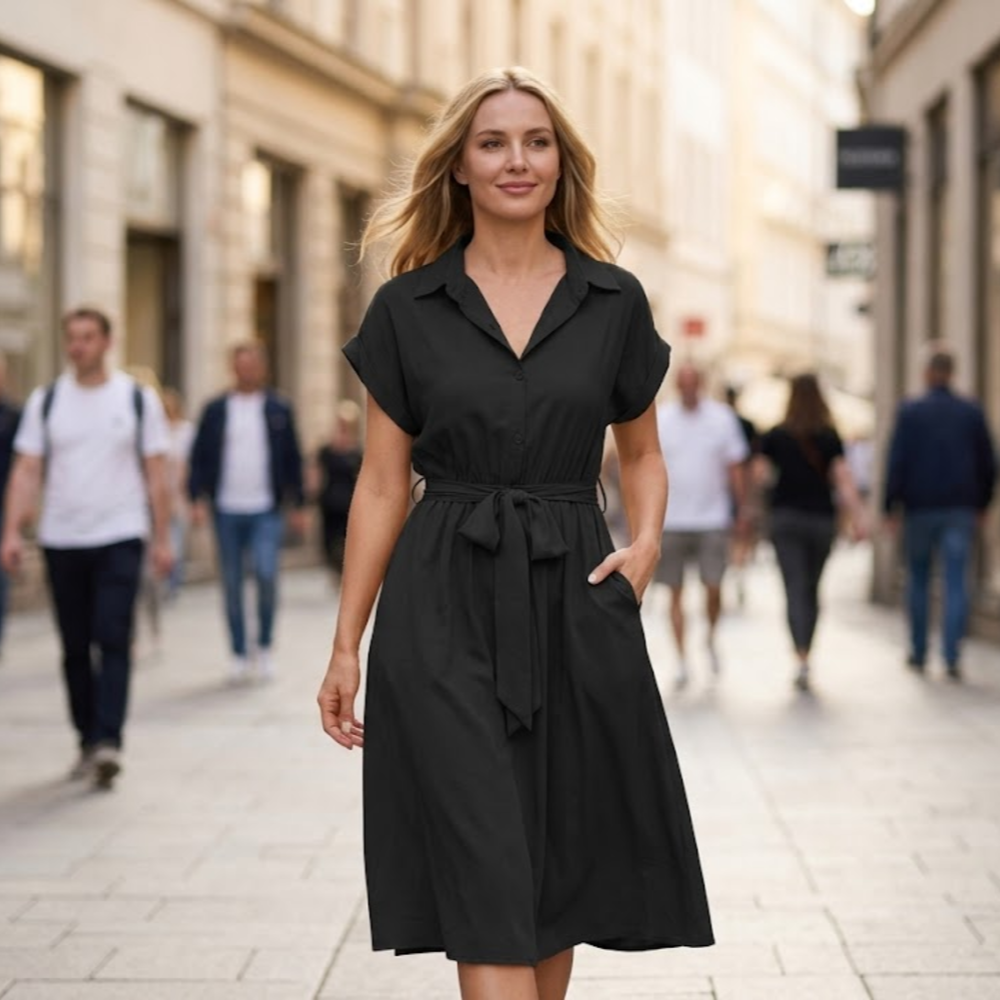 Audrey Vestido Camisa para Mujer – Vestido Midi con Escote en V, Mangas Cortas y Bolsillos