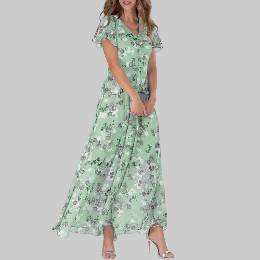Bella Vestido Mujer Maxi Floral – Vestido con Escote en V y Manga Corta, Fluido de Verano