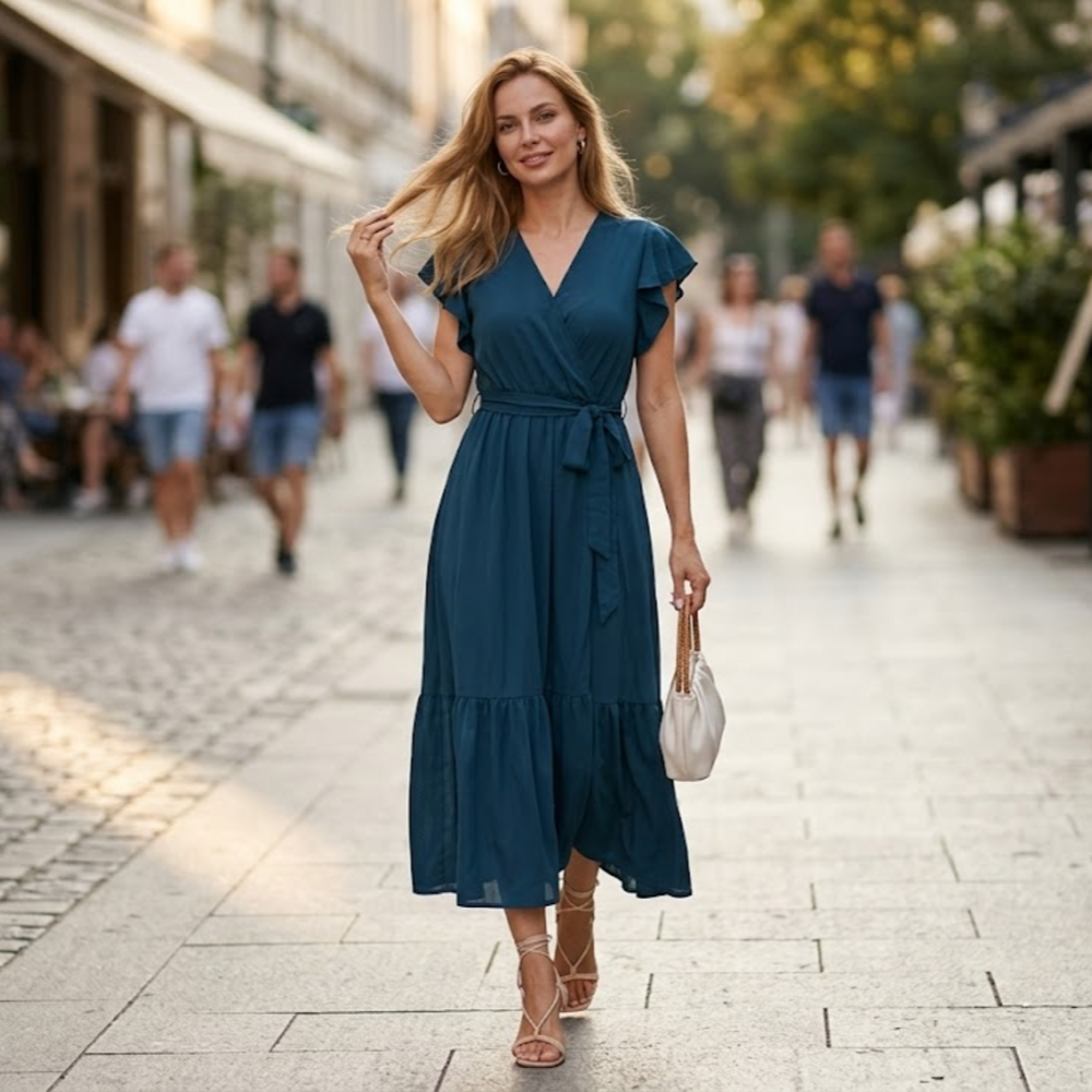 Ava vestido maxi para mujer – vestido bohemio con escote en V, volantes y cinturón