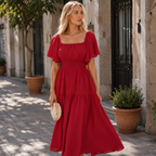 Sofia Robe Femme Maxi Chiffon – Col Carré/Épaules Dénudées, Coupe A-Line Élégante