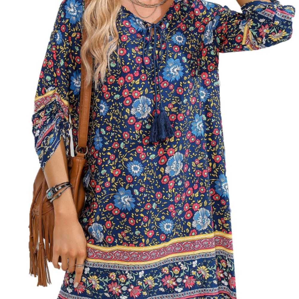 Victoria Vestido Túnica para Mujer – Vestido Boho Floral con Mangas 3/4 y Borlas