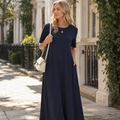 Livia Robe Femme Maxi Ligne A – Robe Col Rond Manches Courtes, Poches Élégante