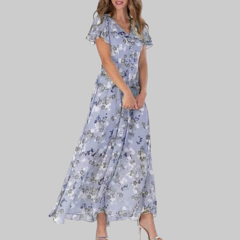 Bella Abito Donna Maxi Floreale – Vestito Scollo V Maniche Corte, Fluido Estivo