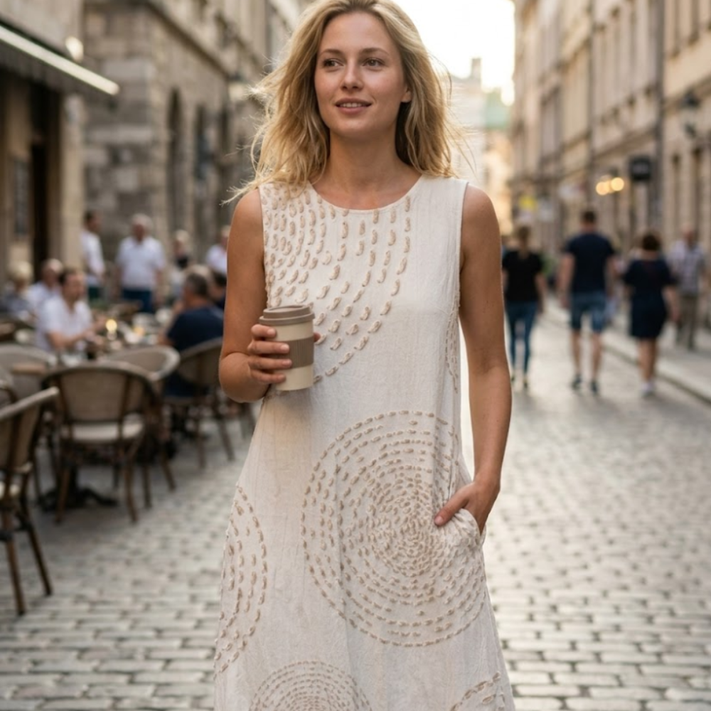 Aurora Vestito Maxi in Lino da Donna – Abito Estivo Senza Maniche con Tasche