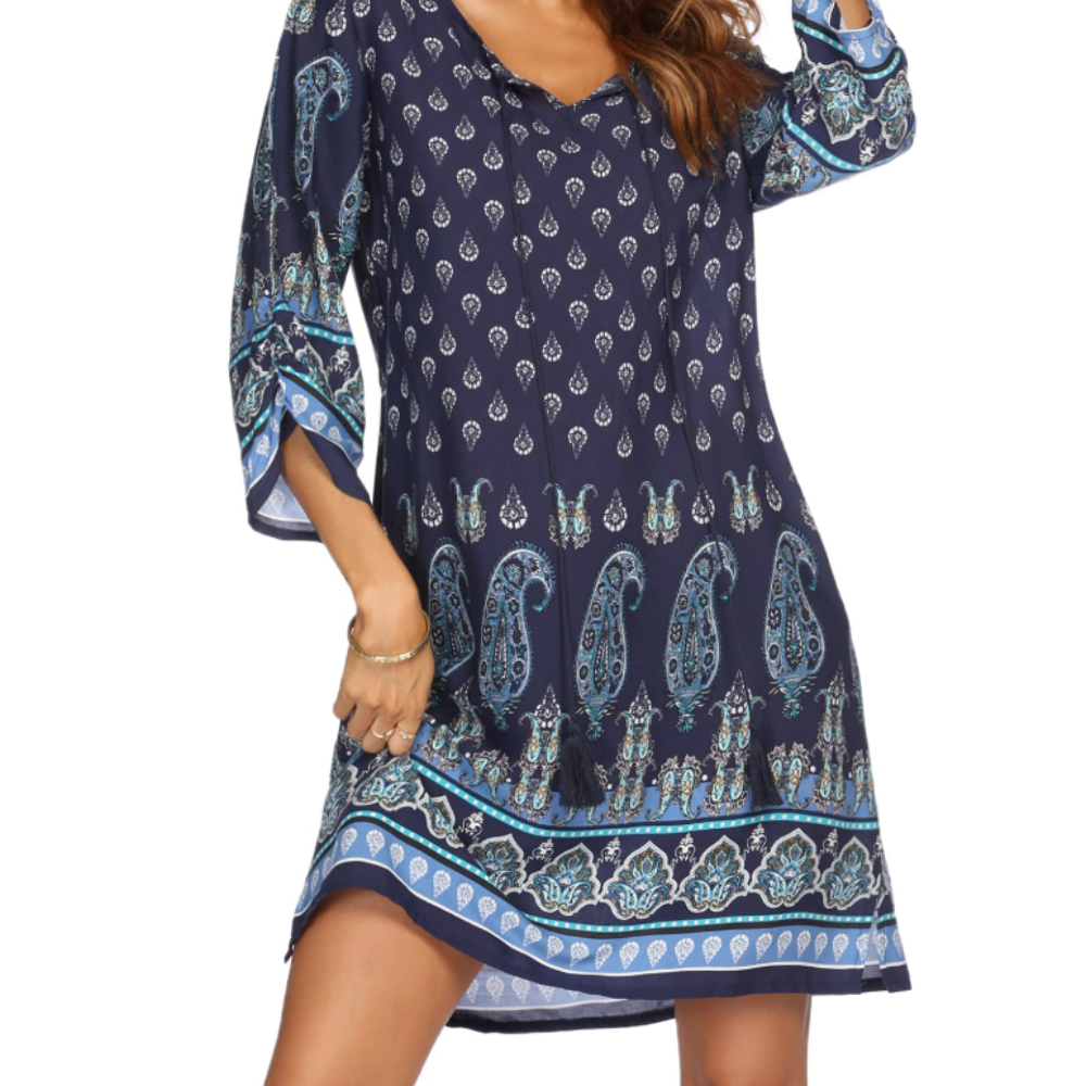 Victoria Vestido Túnica para Mujer – Vestido Boho Floral con Mangas 3/4 y Borlas
