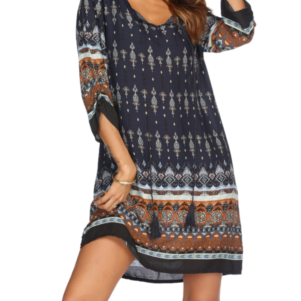 Victoria Vestido Túnica para Mujer – Vestido Boho Floral con Mangas 3/4 y Borlas
