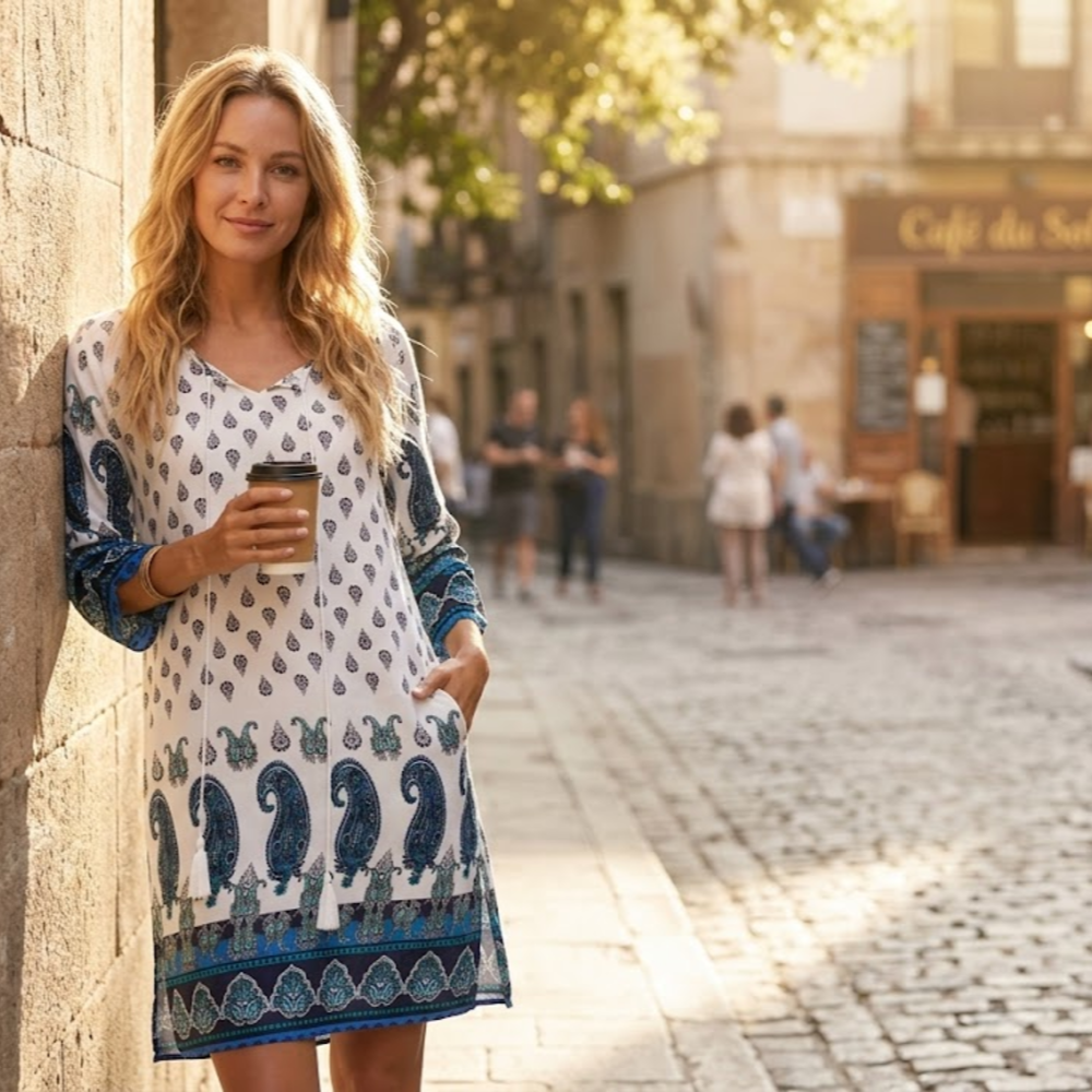 Victoria Vestido Túnica para Mujer – Vestido Boho Floral con Mangas 3/4 y Borlas