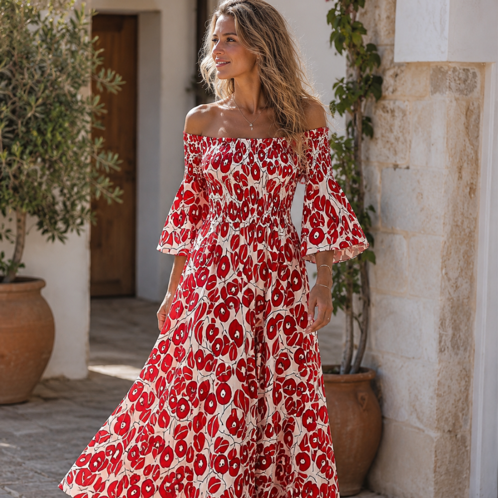 Mar Abito Donna Off-Shoulder Floreale – Vestito Elegante Fluido Tessuto Riciclato