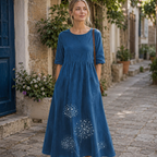 Elena Abito Donna Midi Cotone Lino – Vestito Casual Girocollo Maniche Corte Plus Size