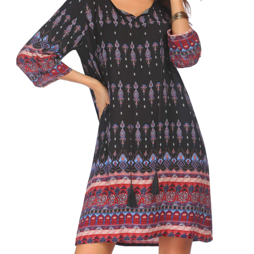 Victoria Vestido Túnica para Mujer – Vestido Boho Floral con Mangas 3/4 y Borlas