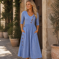 Marga Robe Femme Midi à Rayures – Robe Légère Manches 3/4 Élégante Casual