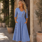 Marga Robe Femme Midi à Rayures – Robe Légère Manches 3/4 Élégante Casual