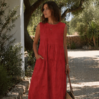 Trisha Abito Midi Donna – Vestito Senza Maniche in Cotone con Tasche & Ricamo Floreale