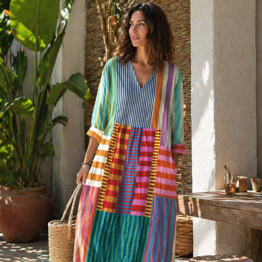 Darlene Robe Maxi Femme – Robe Longue Élégante avec Décolleté en V & Imprimé Moderne