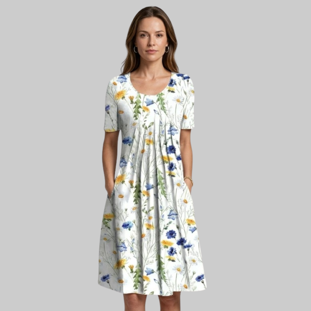 Ellay Abito Donna Midi Elegante – Vestito A-Line con Plissé e Tasche Comfort