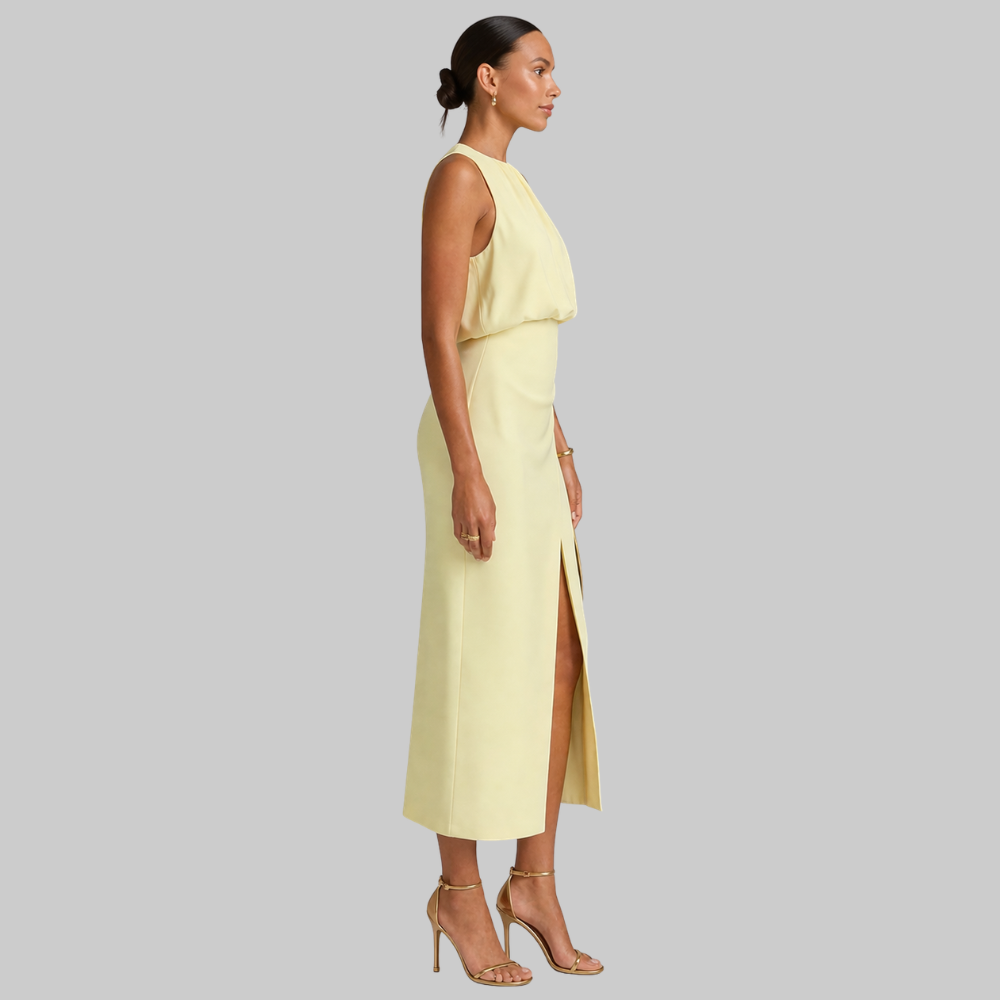 Liene Abito Donna Midi Elegante – Vestito Senza Maniche con Collo Alto e Spacco Frontale