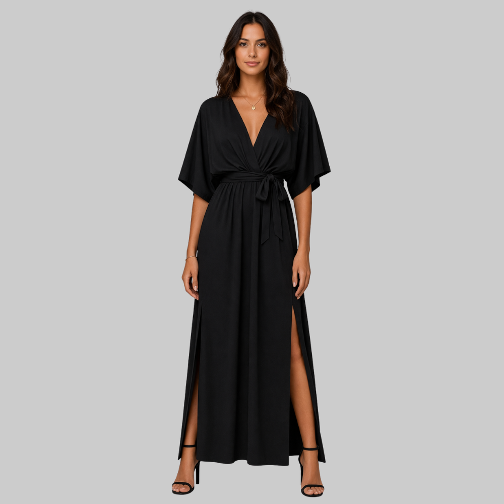 Amara Women's Long Dress – Elegant, V-Neck & Belt with Flowing Fabric