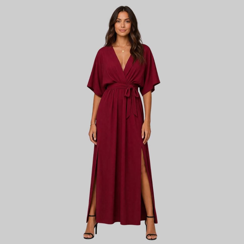 Amara Women's Long Dress – Elegant, V-Neck & Belt with Flowing Fabric