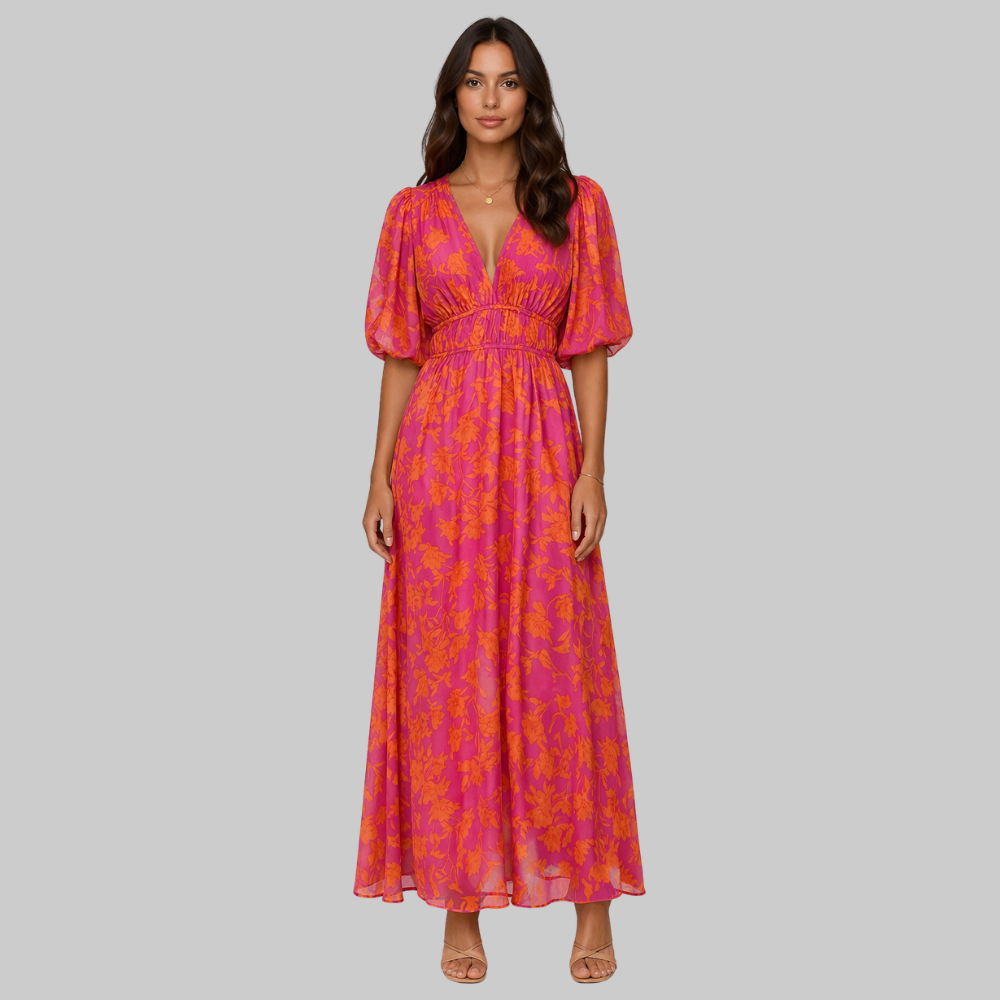 Nalia Vestido Largo de Mujer – Estampado Floral, Escote en V y Corte Fluido de Verano