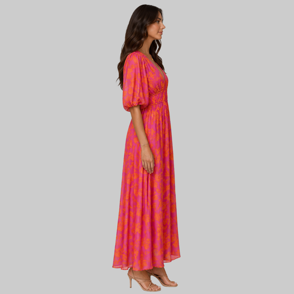 Nalia Vestido Largo de Mujer – Estampado Floral, Escote en V y Corte Fluido de Verano