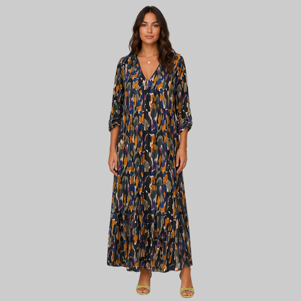 Nathalie Robe Femme – Imprimé Vintage, Col V & Manches Bouffantes Élégantes