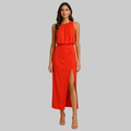 Liene Abito Donna Midi Elegante – Vestito Senza Maniche con Collo Alto e Spacco Frontale