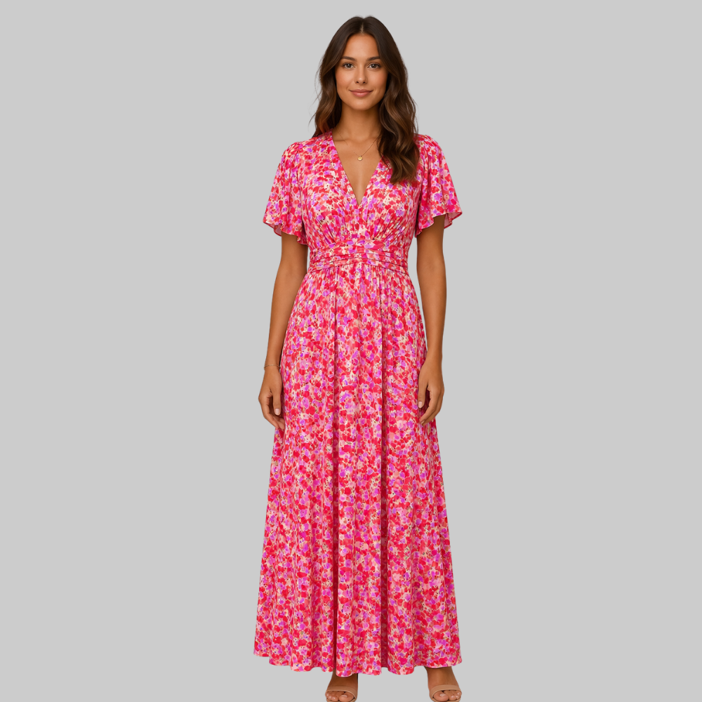 Anja Women's Long Dress – Elegant V-Neck, Flowing Cut & Refined Style