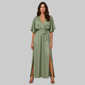 Amara Robe Longue Femme – Élégante, Col V & Ceinture en Tissu Fluide