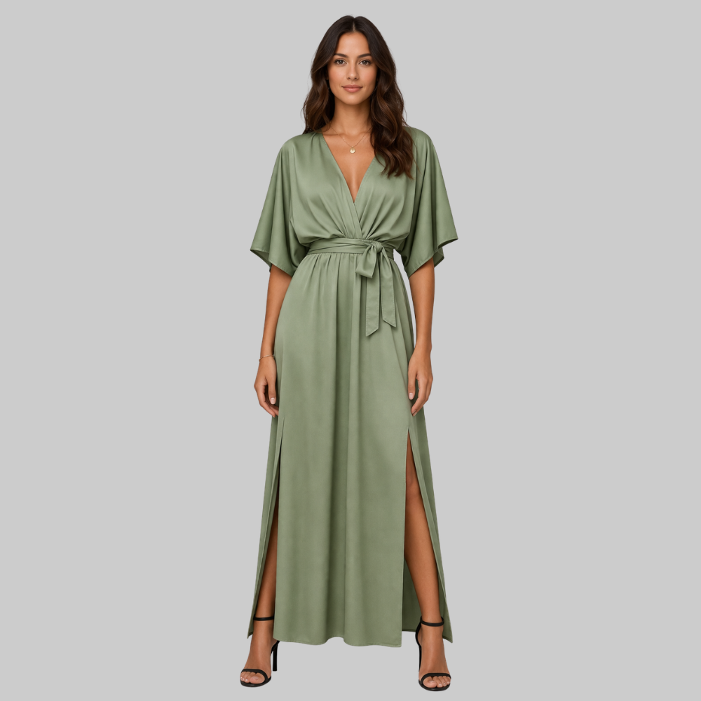Amara Robe Longue Femme – Élégante, Col V & Ceinture en Tissu Fluide